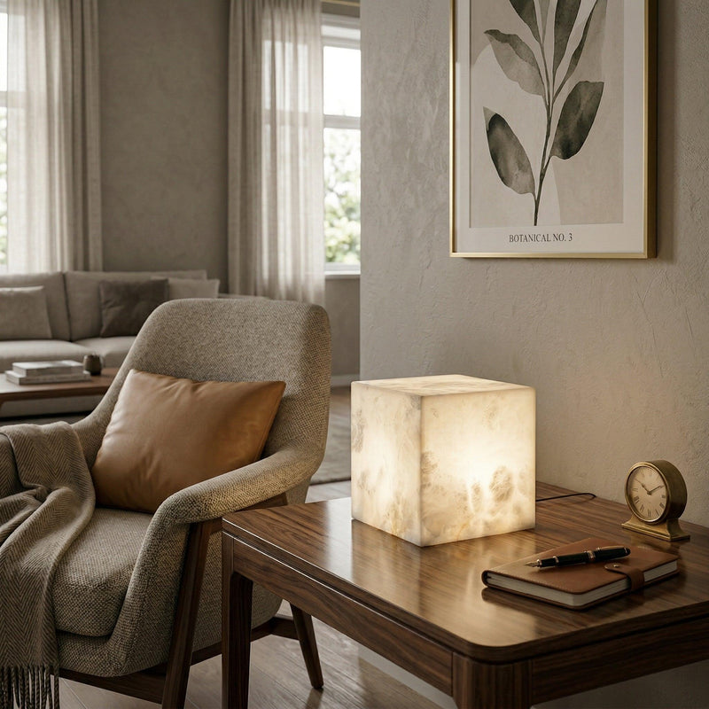 Square translucent stone table lamp glowing softly on a wooden side table beside an armchair in a cozy living room