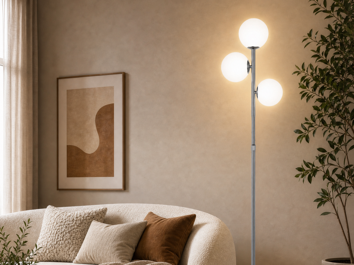 Living room with a tall arc floor lamp featuring three round glass globes beside a cream sofa