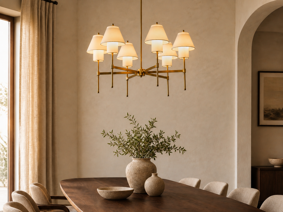 Dining room with a multi-arm brass chandelier hanging above a round wood dining table