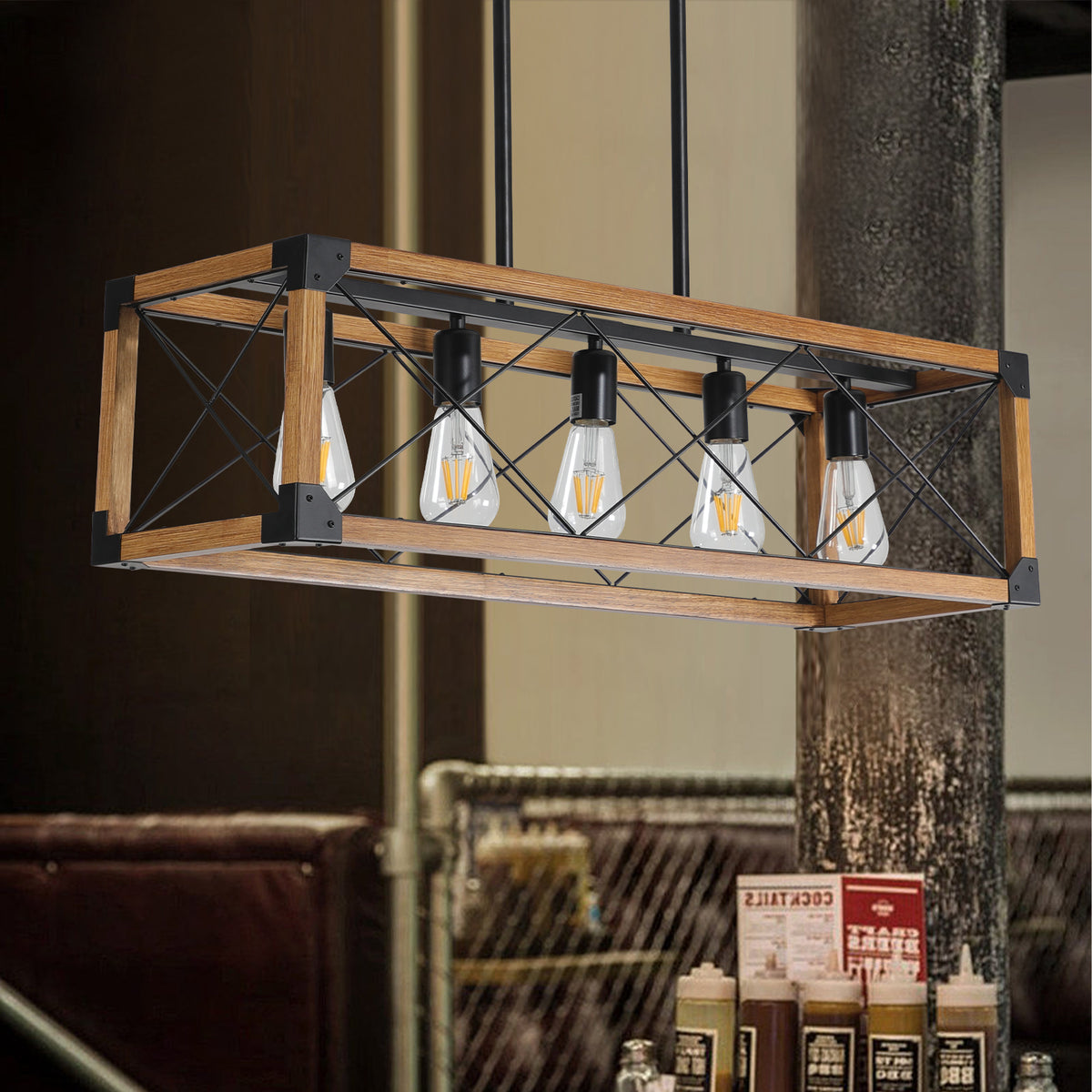 Industrial Farmhouse Wood and Iron Rectangle Chandelier