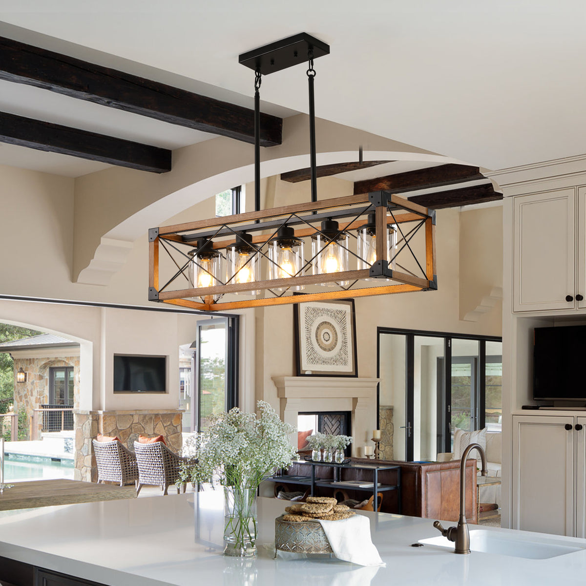 Industrial Farmhouse Wood and Iron Rectangle Chandelier