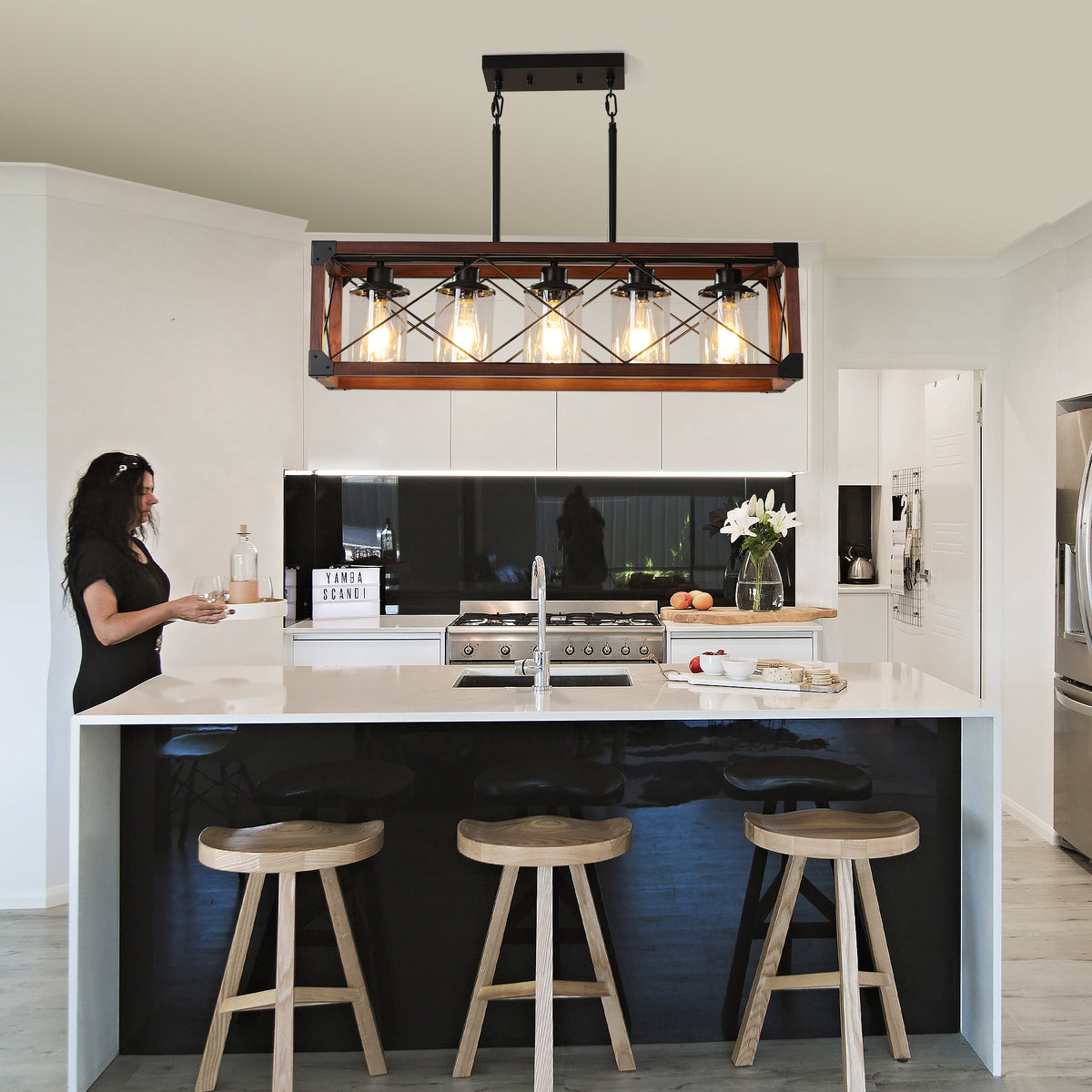 Industrial Farmhouse Wood and Iron Rectangle Chandelier