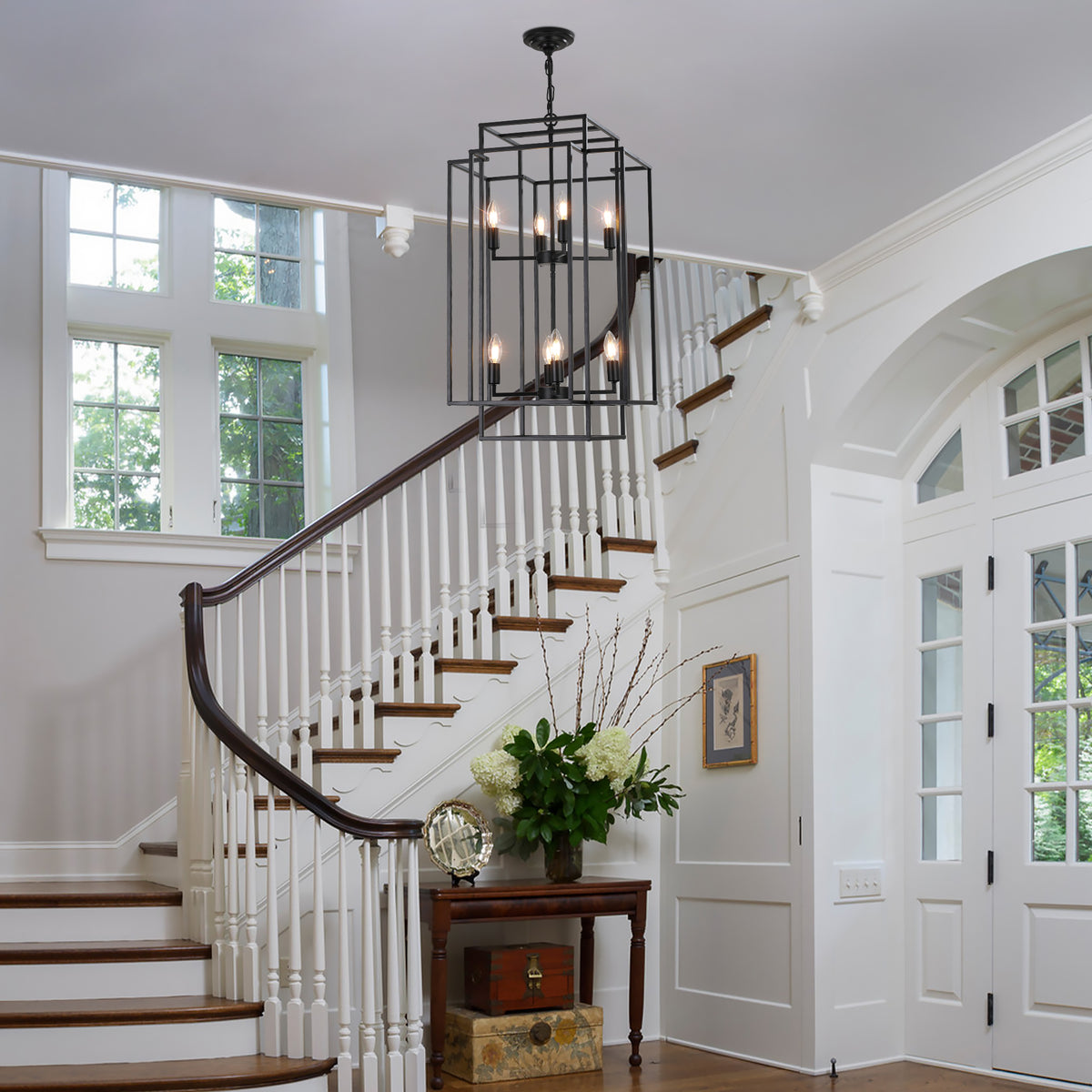 Oxwell Geometric Pendant Chandelier – black cage-frame pendant lamp, full product view on white background