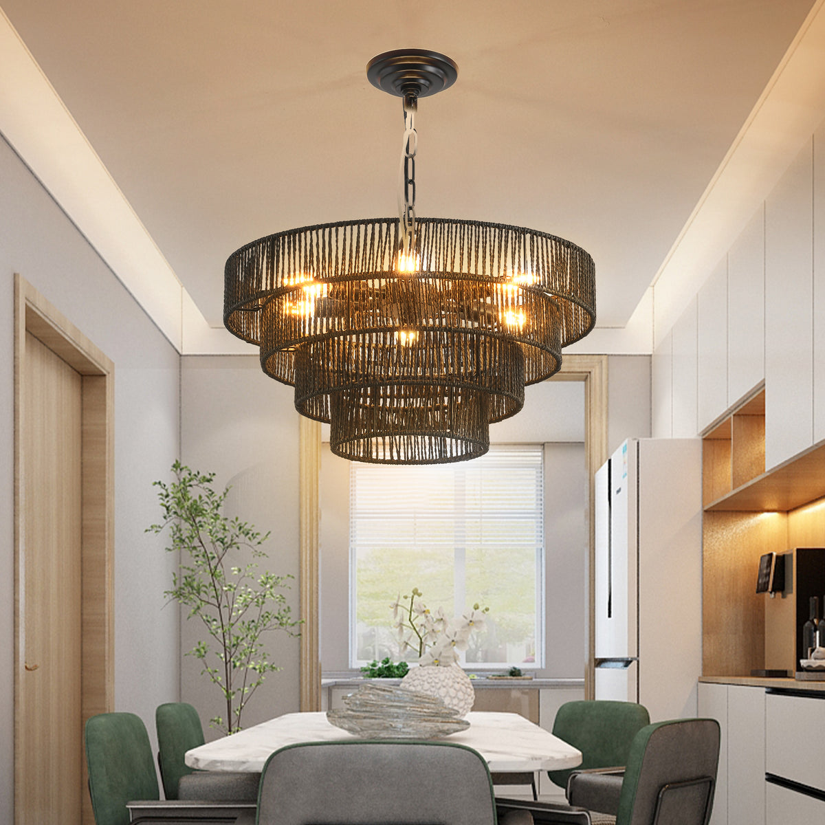 20" rustic black hemp rope tiered chandelier hanging above a dining table in a modern farmhouse dining room