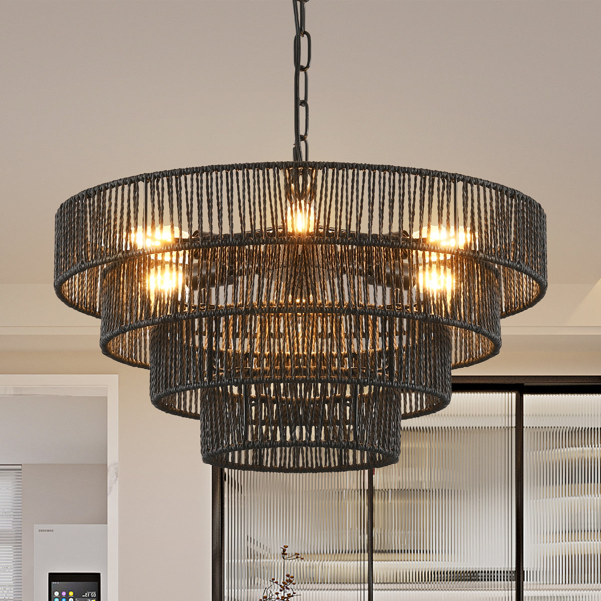 Close-up of 20" black hemp rope 4-tier pendant chandelier with 6 E12 sockets, handmade boho ceiling light fixture
