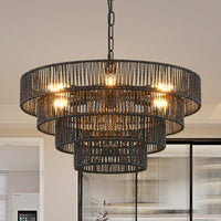 Close-up of 20" black hemp rope 4-tier pendant chandelier with 6 E12 sockets, handmade boho ceiling light fixture