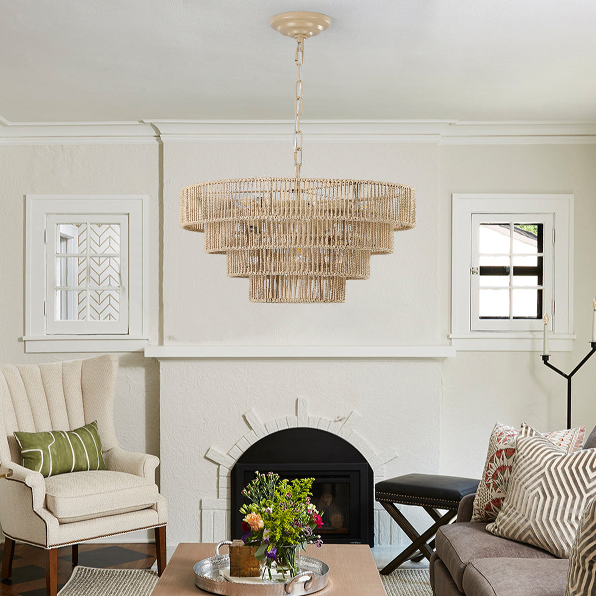 20" woven hemp rope 4-layer chandelier hanging in a bright living room with fireplace, boho pendant light fixture