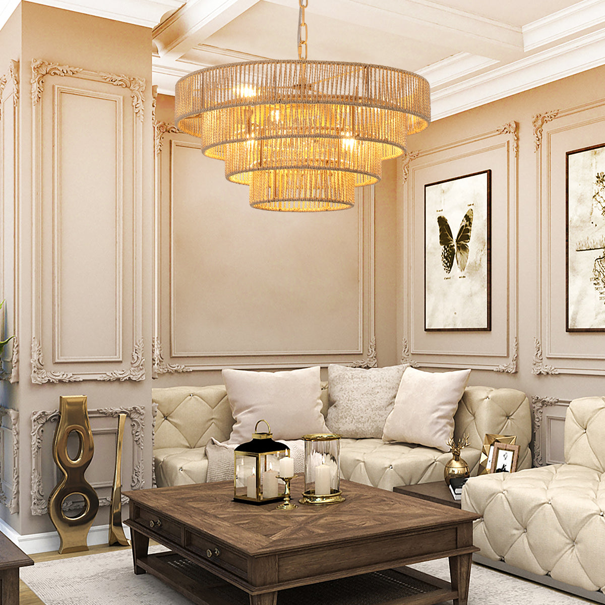Woven hemp rope 4-layer pendant chandelier hanging in an elegant beige living room, boho hanging light fixture