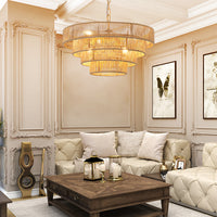 Woven hemp rope 4-layer pendant chandelier hanging in an elegant beige living room, boho hanging light fixture
