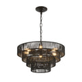 20" rustic black hemp rope 4-tier pendant chandelier on white background, handmade boho ceiling light fixture