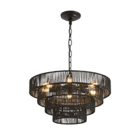 20" rustic black hemp rope 4-tier pendant chandelier on white background, handmade boho ceiling light fixture
