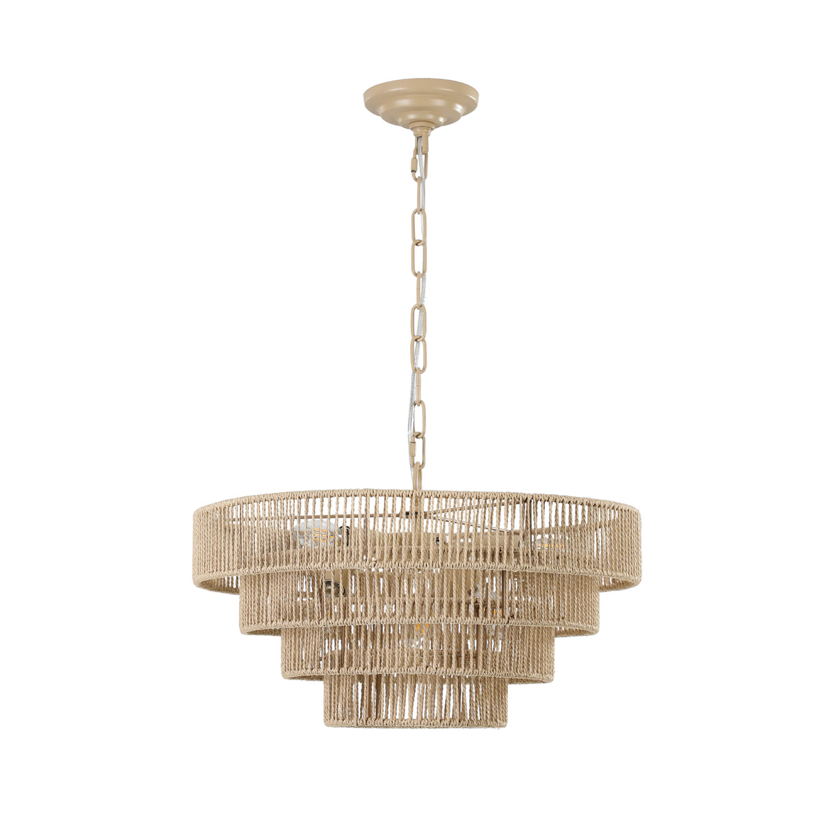 20" modern 4-layer woven hemp rope chandelier on white background, boho style pendant light fixture