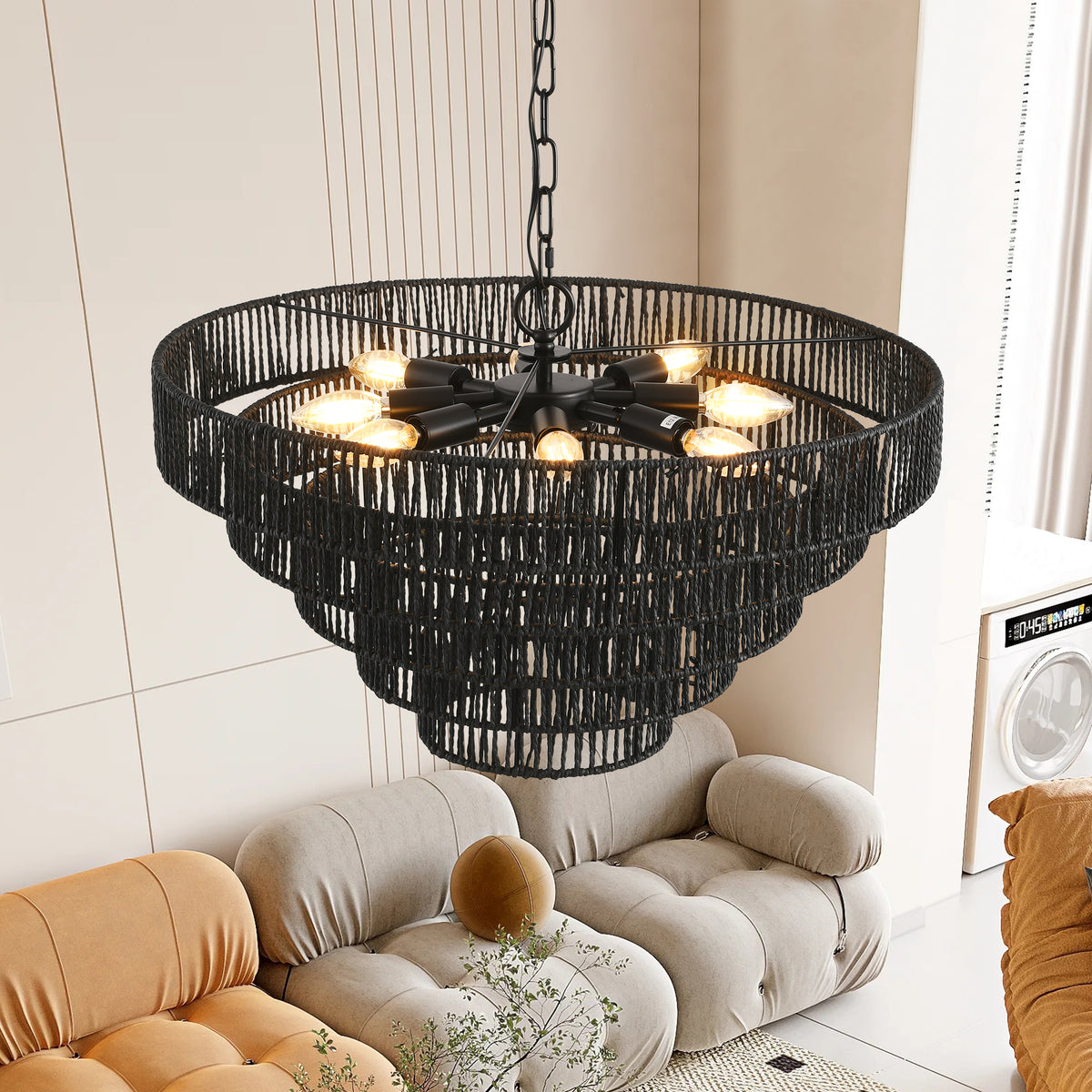 Close-up of black woven hemp rope 5-layer chandelier with multiple bulbs, boho style pendant light fixture