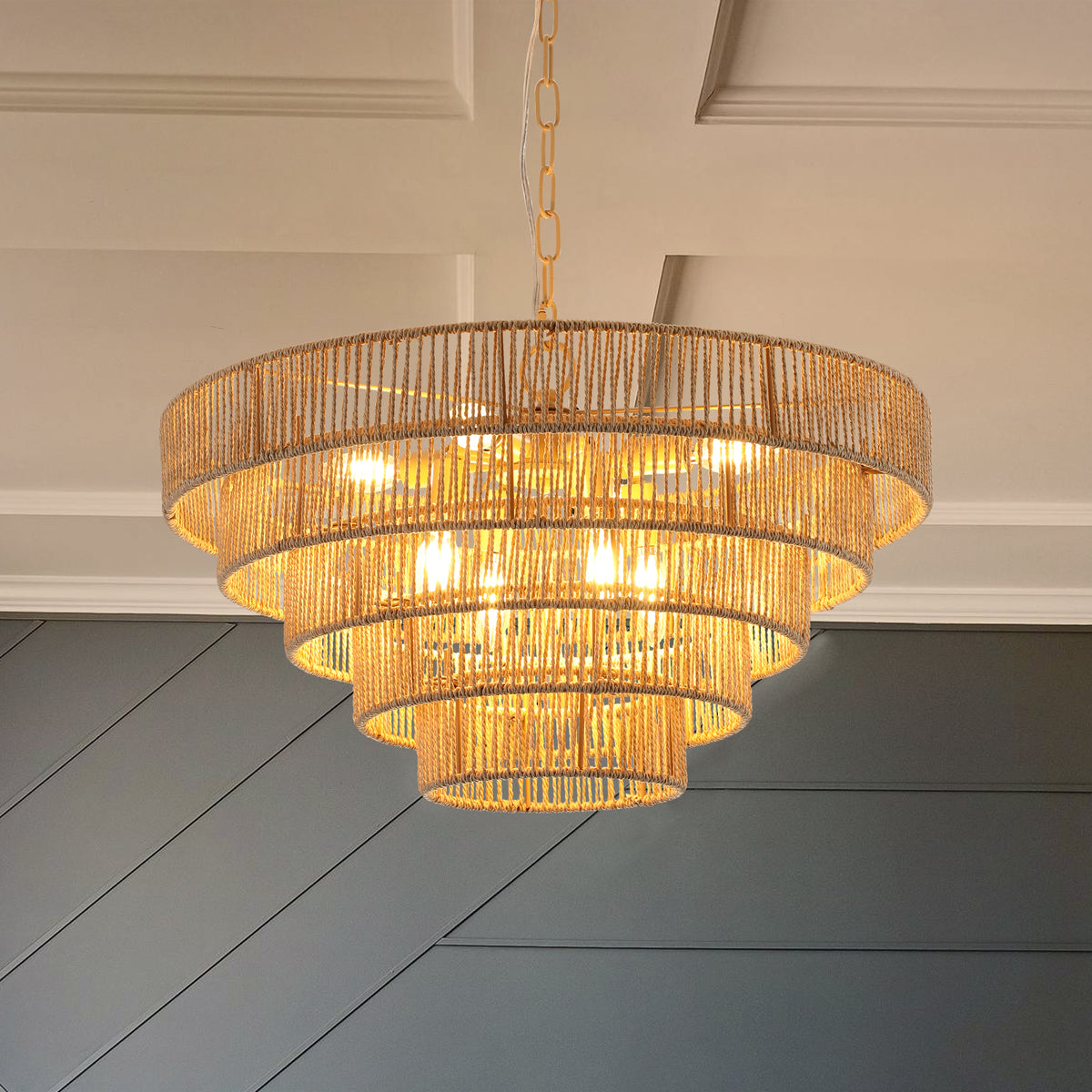 Woven hemp rope 5-layer chandelier hanging in a bright hallway entryway, elegant boho hanging light fixture
