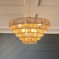 Woven hemp rope 5-layer chandelier hanging in a bright hallway entryway, elegant boho hanging light fixture