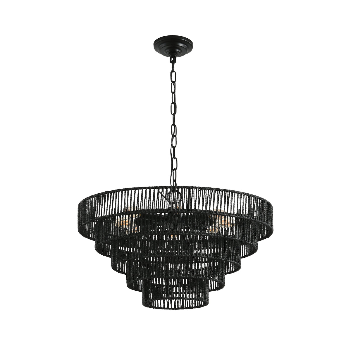 24" black woven hemp rope 5-layer chandelier on white background, elegant boho hanging light fixture