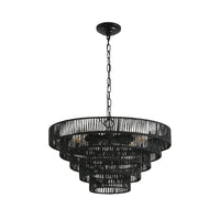 24" black woven hemp rope 5-layer chandelier on white background, elegant boho hanging light fixture