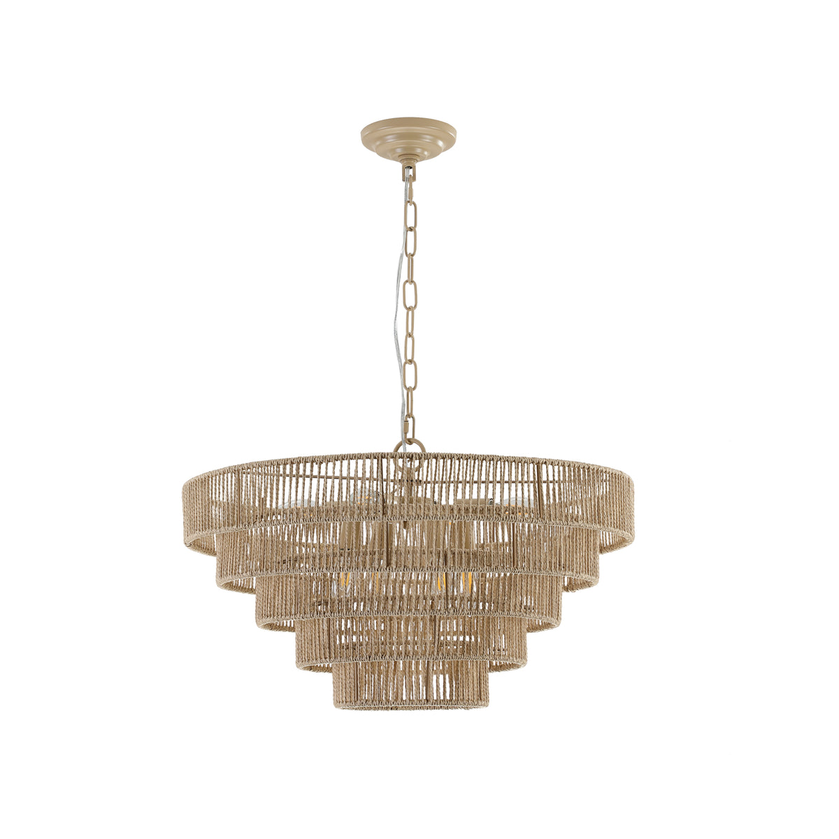 24" natural woven hemp rope 5-layer chandelier on white background, elegant boho hanging light fixture