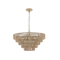 24" natural woven hemp rope 5-layer chandelier on white background, elegant boho hanging light fixture