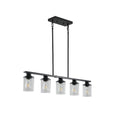 Product-only image of the Ashcombe Glass Shade Chandelier in matte black, featuring five clear cylindrical glass shades on a slim linear bar with a black rectangular ceiling canopy and adjustable rods.