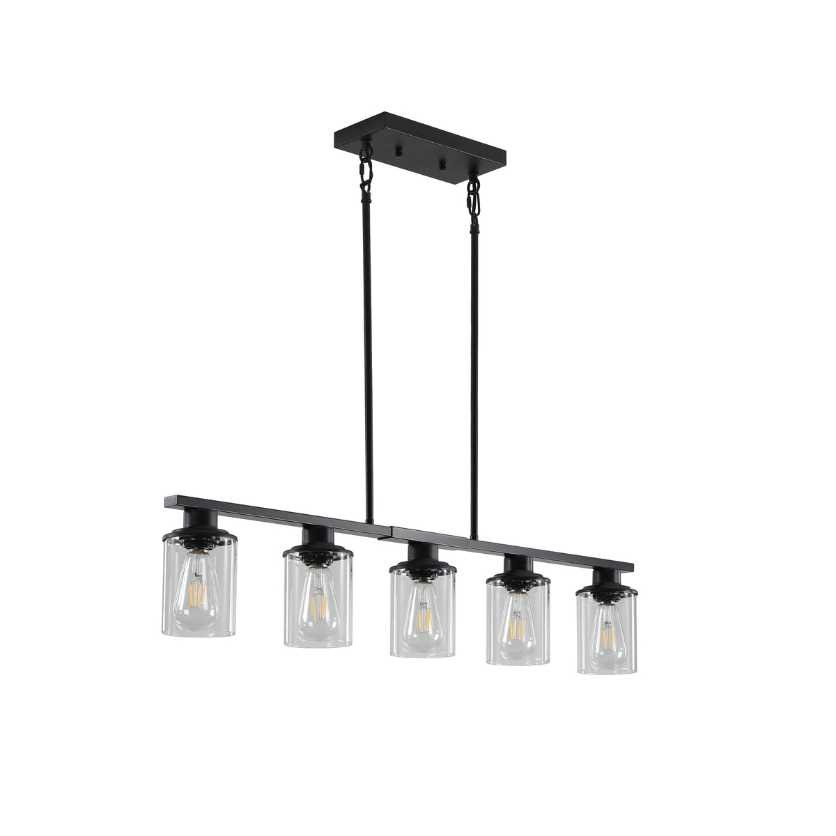 Product-only image of the Ashcombe Glass Shade Chandelier in matte black, featuring five clear cylindrical glass shades on a slim linear bar with a black rectangular ceiling canopy and adjustable rods.