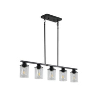 Product-only image of the Ashcombe Glass Shade Chandelier in matte black, featuring five clear cylindrical glass shades on a slim linear bar with a black rectangular ceiling canopy and adjustable rods.