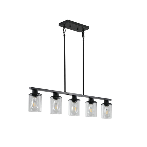 Product-only image of the Ashcombe Glass Shade Chandelier in matte black, featuring five clear cylindrical glass shades on a slim linear bar with a black rectangular ceiling canopy and adjustable rods.