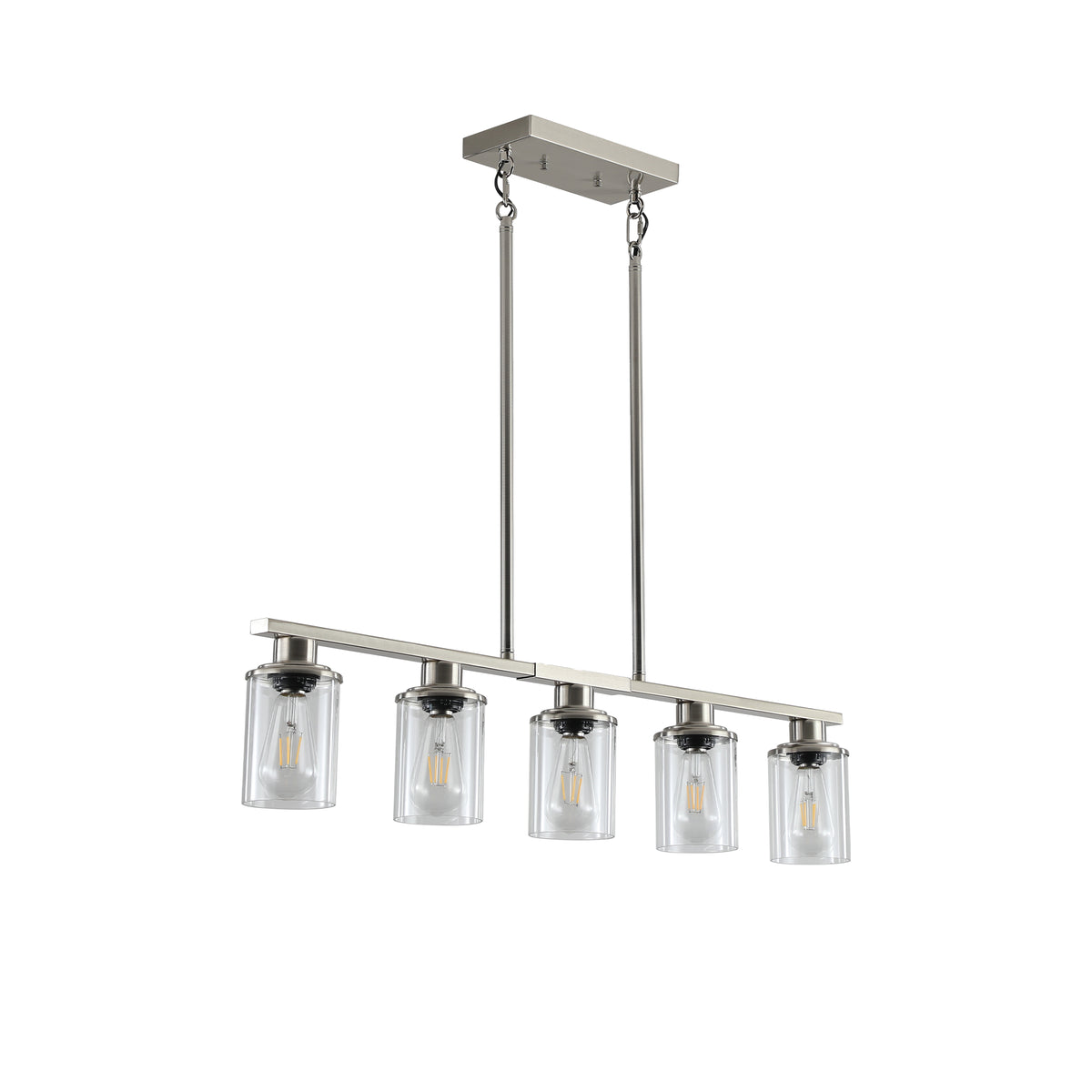 Product-only image of the Ashcombe Glass Shade Chandelier in a brushed metal finish, featuring five clear glass cylinder shades, a linear metal bar, and adjustable vertical suspension rods.
