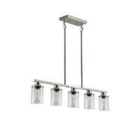 Product-only image of the Ashcombe Glass Shade Chandelier in a brushed metal finish, featuring five clear glass cylinder shades, a linear metal bar, and adjustable vertical suspension rods.
