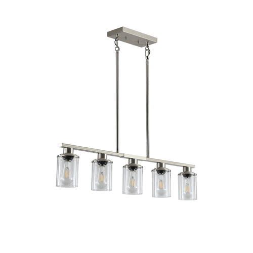 Product-only image of the Ashcombe Glass Shade Chandelier in a brushed metal finish, featuring five clear glass cylinder shades, a linear metal bar, and adjustable vertical suspension rods.