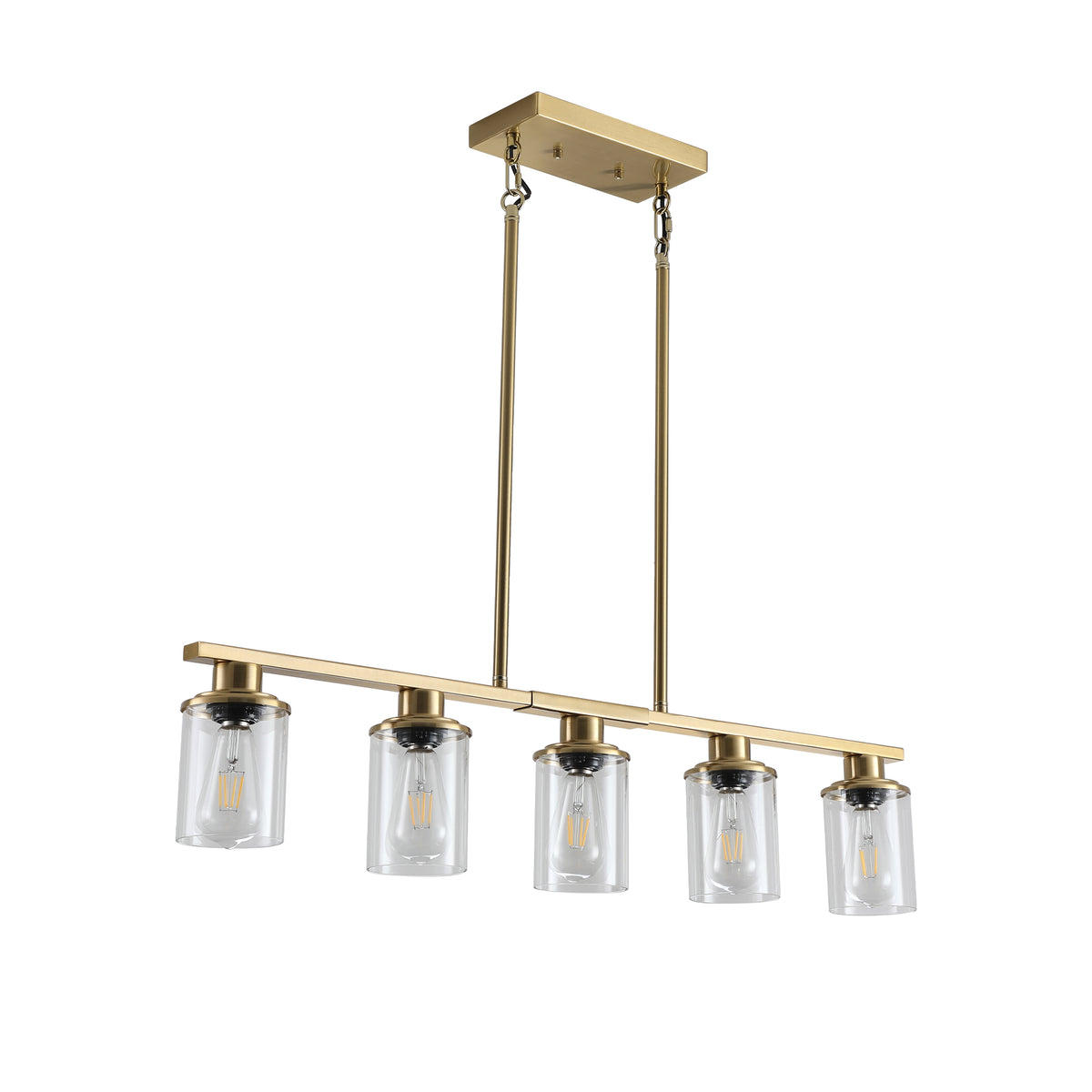 Product-only image of the Ashcombe Glass Shade Chandelier in a brass finish, featuring five clear cylindrical glass shades on a linear brass bar with a rectangular canopy and adjustable hanging rods.