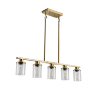 Product-only image of the Ashcombe Glass Shade Chandelier in a brass finish, featuring five clear cylindrical glass shades on a linear brass bar with a rectangular canopy and adjustable hanging rods.