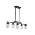 The Winslow Farmhouse Kitchen Island Chandelier five-light fixture with clear glass shades, wood accent, and black metal finish on a white background