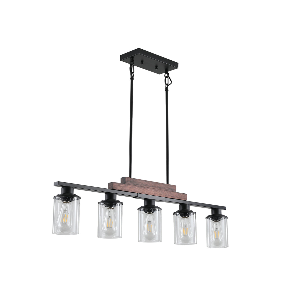 The Winslow Farmhouse Kitchen Island Chandelier five-light fixture with clear glass shades, wood accent, and black metal finish on a white background