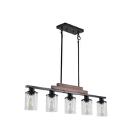 The Winslow Farmhouse Kitchen Island Chandelier five-light fixture with clear glass shades, wood accent, and black metal finish on a white background