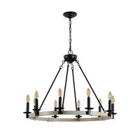 Studio product shot of The Ashcombe Round Candle Chandelier on a clean white background, displaying the full structure of the 10-light circular iron fixture.