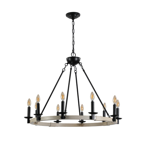 Studio product shot of The Ashcombe Round Candle Chandelier on a clean white background, displaying the full structure of the 10-light circular iron fixture.