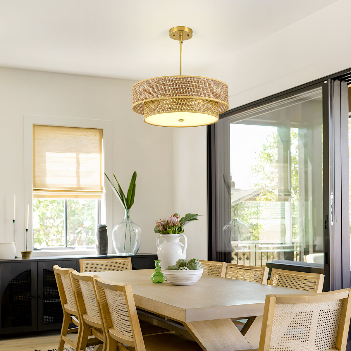The Marlowe Woven Rattan Drum Semi Flush Light