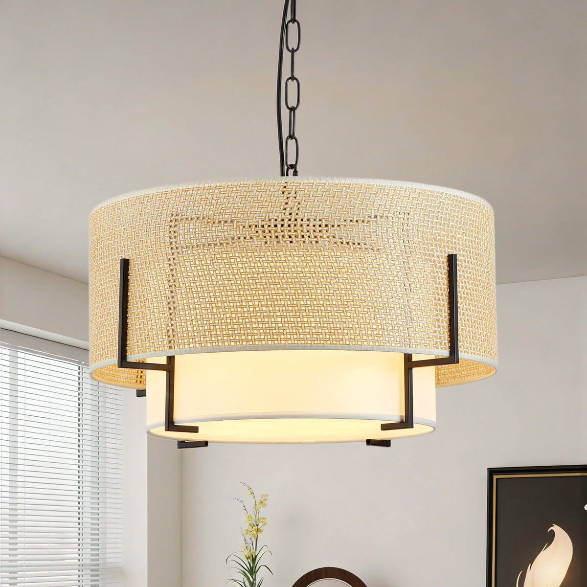 The Sutton Woven Rattan Drum Chandelier