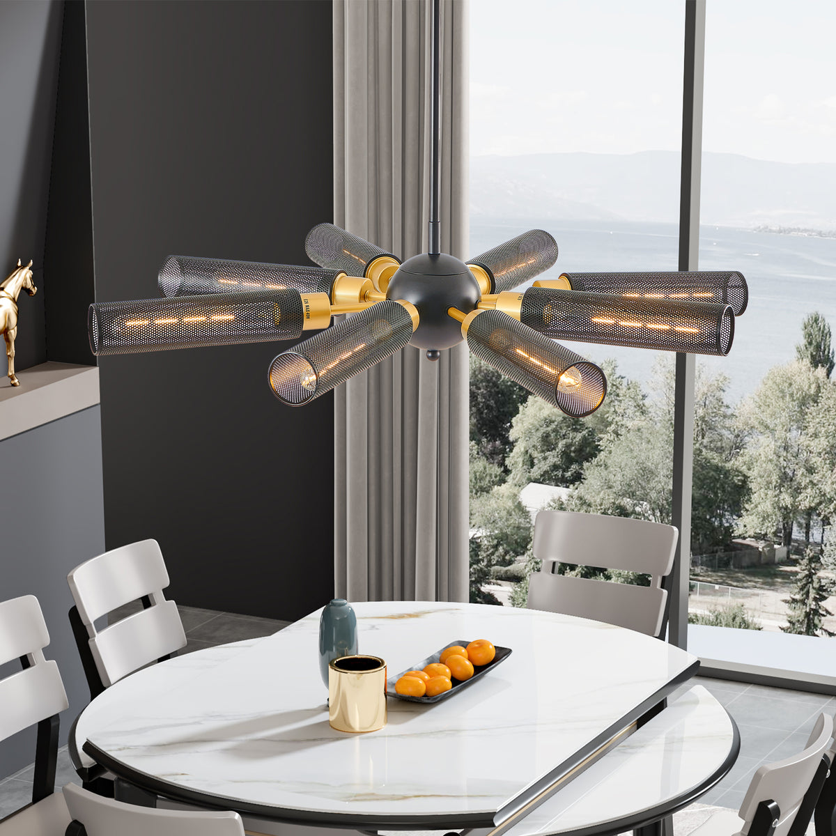 Modern Industrial Black and Gold Sputnik Chandelier