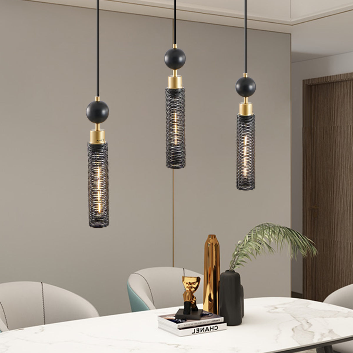 Modern Black and Gold Mesh Pendant Chandelier