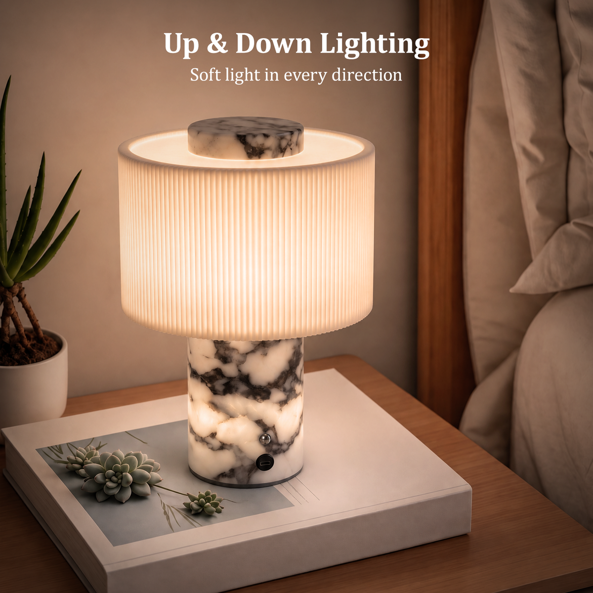 Cordless Rechargeable Marble Table Lamp with Linen Shade