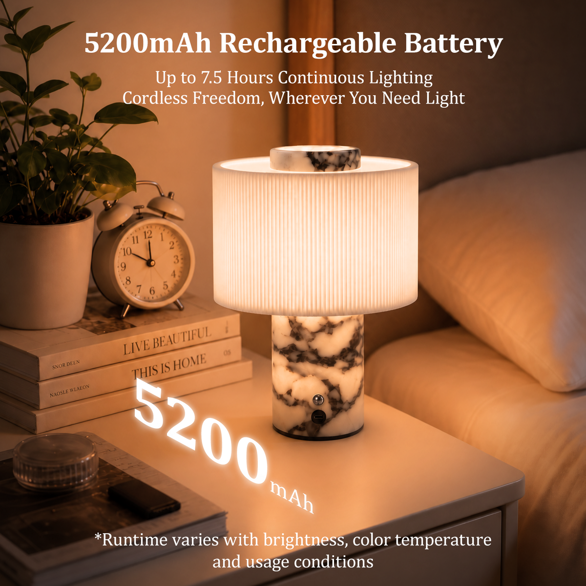 Cordless Rechargeable Marble Table Lamp with Linen Shade