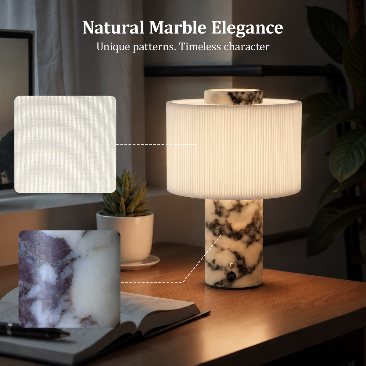 Cordless Rechargeable Marble Table Lamp with Linen Shade