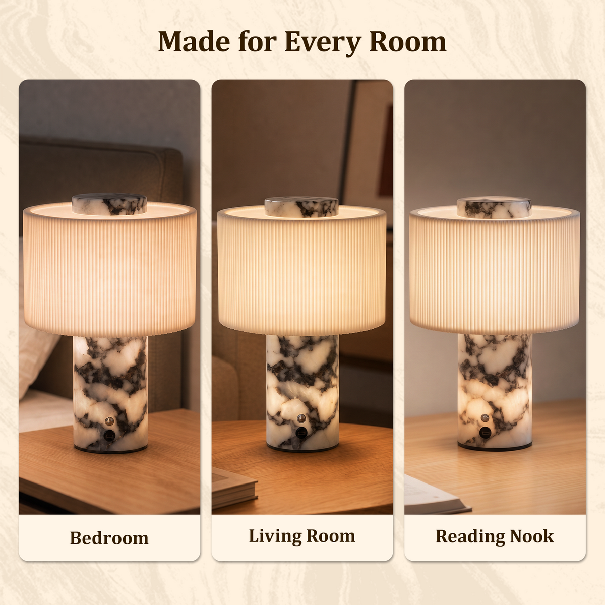 Cordless Rechargeable Marble Table Lamp with Linen Shade