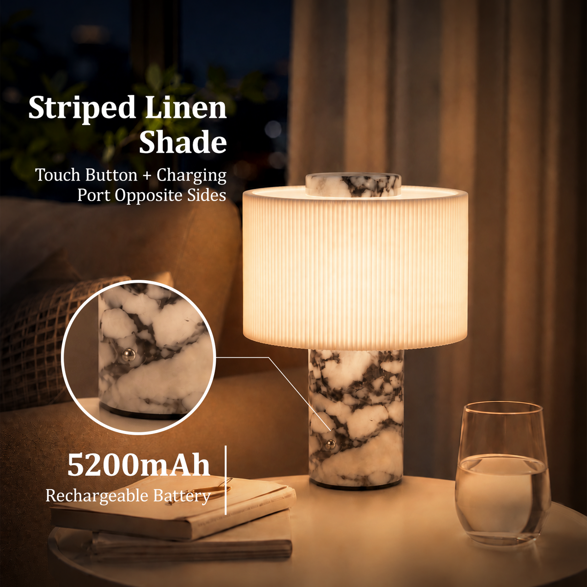 Cordless Rechargeable Marble Table Lamp with Linen Shade