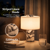 Cordless Rechargeable Marble Table Lamp with Linen Shade