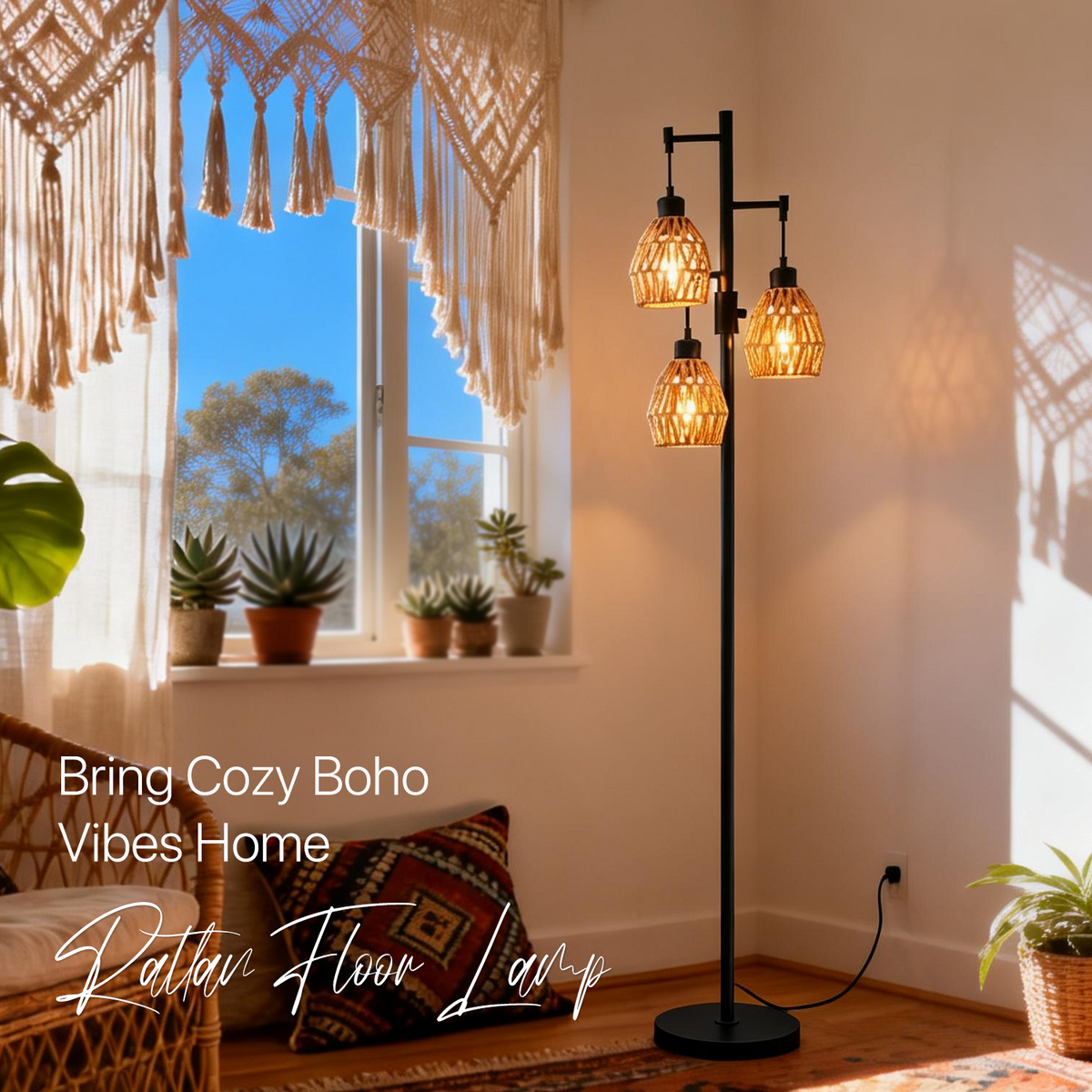Boho Rattan Shade Floor Lamp